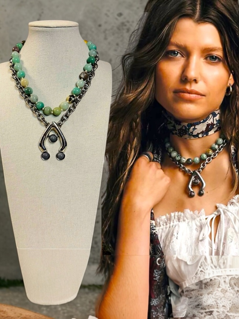 Free People &Ariana Ost Statement Necklace ‘Think Im Dreaming’ Silver&Turquoise